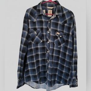 BAR-B Vintage Blue Plaid Pearl Snap Western Flannel Shirt Mens XL Tall Retro 80s